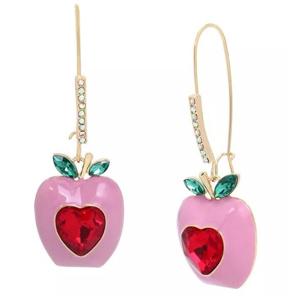 Betsey Johnson Apple Dangle Earrings Red Pink Playful Whimsy Teacher Barbie - Picture 1 of 7